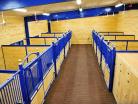 Over head aisle view of nobleman horse stalls with v-door and feed opening