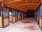 Aisle view of multiple nobleman stall fronts with open doors and brass finials