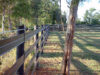 brown fence with a wire strand running along the top of the fence showing a corner of the fence