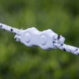 a strand of white and black braided electric fence joined with a white connector