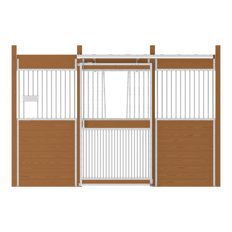 Essex-12ft-front-centered_fgvdoor-feedopen-left-noinsert-galvanized-2000x2000 12ft Essex Stall Front with Full Grill V-Door and Feed Opening Kit - Center Door