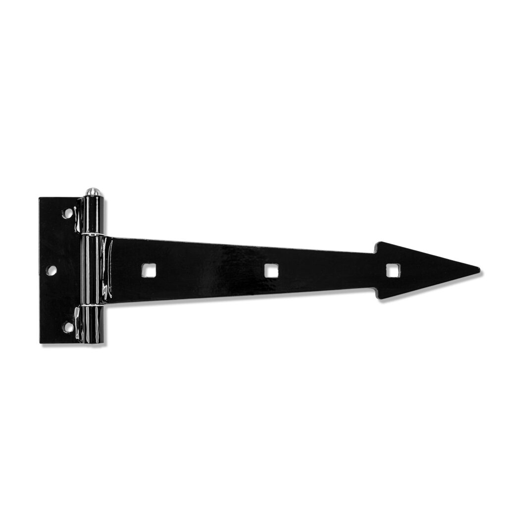 black, arrow-shaped steel hinge