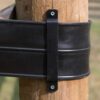black line post bracket installed on a post and flex fence is wrapping around the post