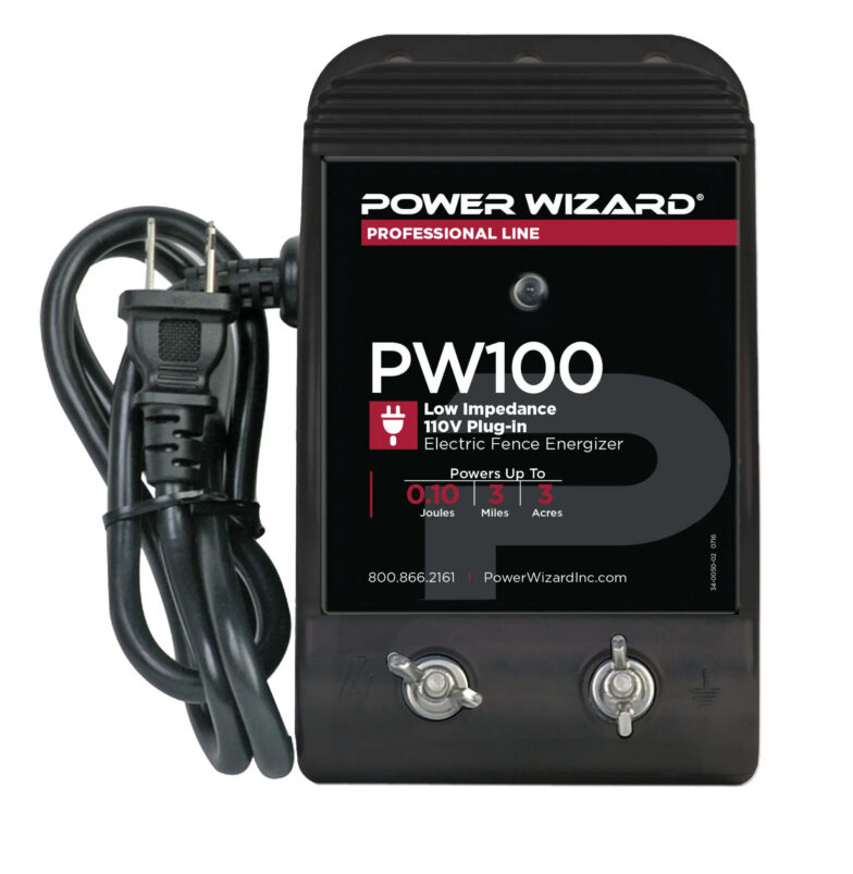 PW100_Dark-scaled power charger out of packaging 0.10 Joule Low Impedance, Plug-In Fence Charger