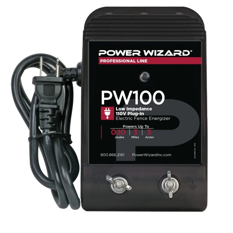 PW100_Dark-scaled power charger out of packaging 0.10 Joule Low Impedance, Plug-In Fence Charger