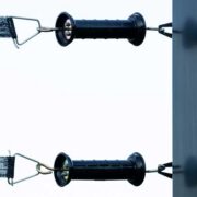 2 black electric gate handles connected to 2 rails of electric tape