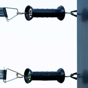 2 black electric gate handles connected to 2 rails of electric tape