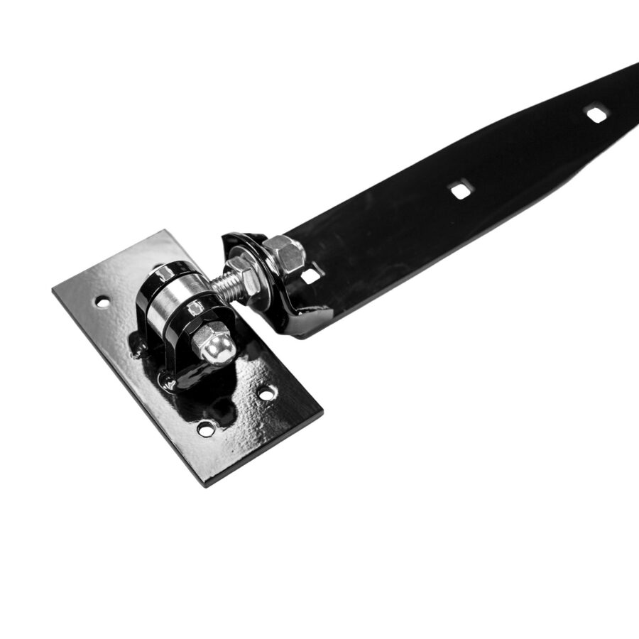 RASH16_10 closeup on an end angle of heavy-duty black metal barn door hinge