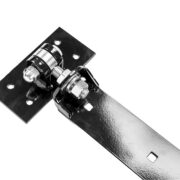 closeup on an end angle of heavy-duty black metal barn door hinge