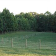 a long coated wore fence running through a large green field
