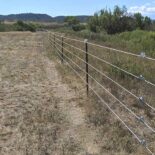 electric fence strung along a scrub field