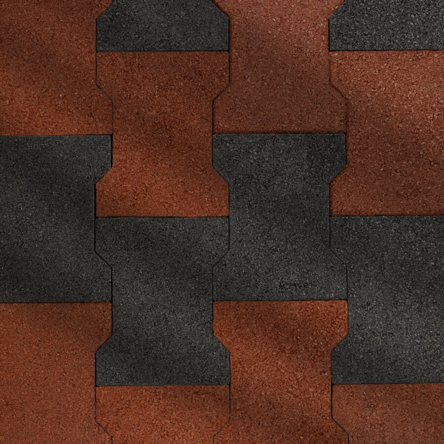 closeup of terra-cotta and black rubber pavers laid out in an alternating pattern